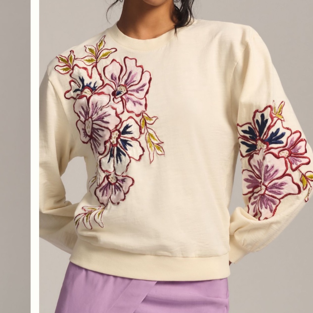 Anthropologie Cream Crew Neck Sweater with Floral Embroidery